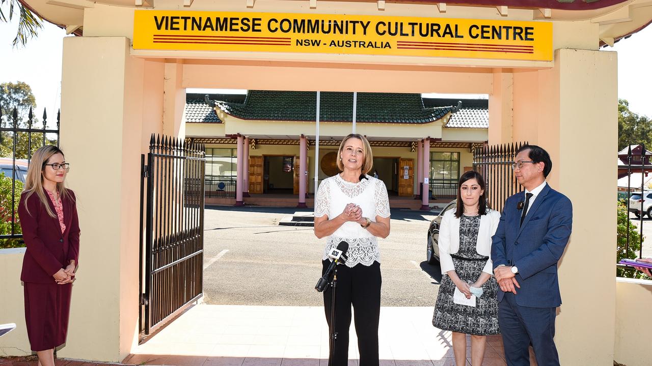 2021: Labor Senator Kristina Keneally spoke with Kate Hoang (left) at The Vietnamese Community Cultural Centre in Sydney. Picture: NCA NewsWire / Flavio Brancaleone