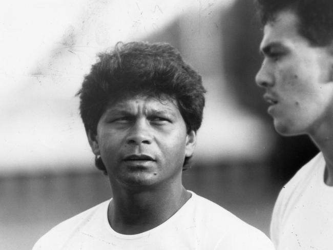 Northern Territory team captain Maurice Rioli with vice-captain Michael McLean at training on February 29, 1988.