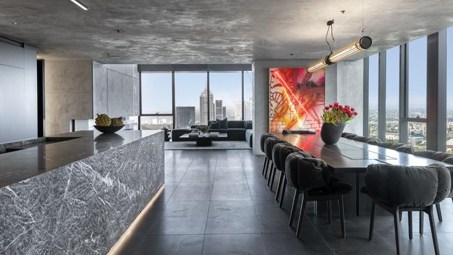 The two-level penthouse atop the 60-level Collins House in Melbourne sports views of Port Phillip Bay and the Dandenong Ranges.