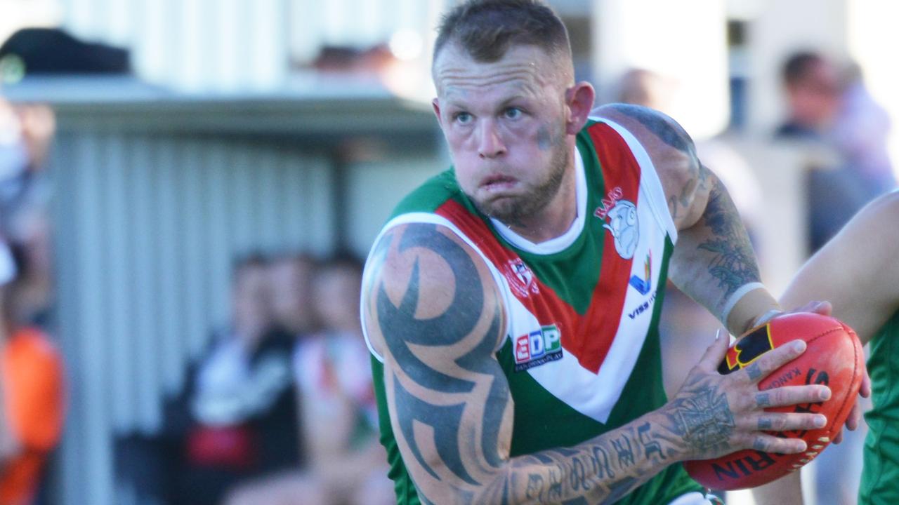 Dylan Jessen playing his first game for the Virginia Rams against the Hummocks Watchman Eagles in Pt Wakefield, Saturday, April 27, 2019. He is a former Finks bikie and he got banned from playing footy for king hitting someone. (Pic: Brenton Edwards)