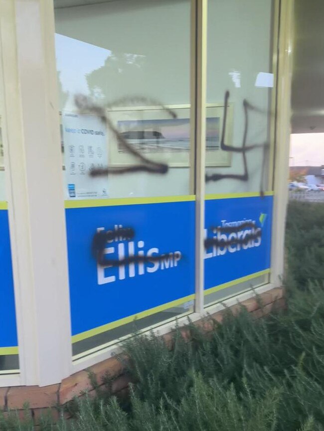 Damage done to the office of Police Minister Felix Ellis at Ulverstone. Picture: supplied