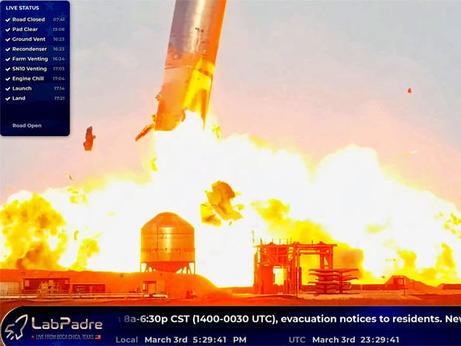 A few minutes after touchdown, the Starship prototype exploded, blasting the rocket's upper section away in a spectacular conflagration. LABPADRE WEBCAST