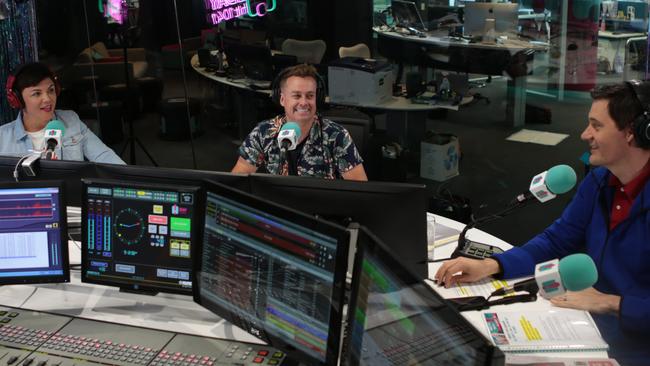 Rusciano, Denyer and Kavalee on their radio show discussing the scandalous incident. Picture: Supplied