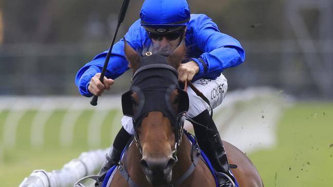 SYDNEY, AUSTRALIA - NOVEMBER 07: Jason Collett on Savatiano wins  race 7 the Hyland Race Colours Hot Danish Stakes during Sydney Racing at Rosehill Gardens on November 07, 2020 in Sydney, Australia. (Photo by Mark Evans/Getty Images)