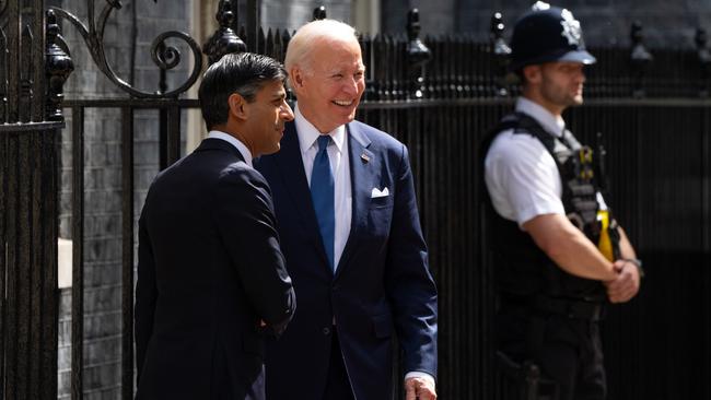 British Prime Minister Rishi Sunak welcomes US president Joe Biden at 10 Downing Street in London, England. Picture: Carl Court/Getty Images