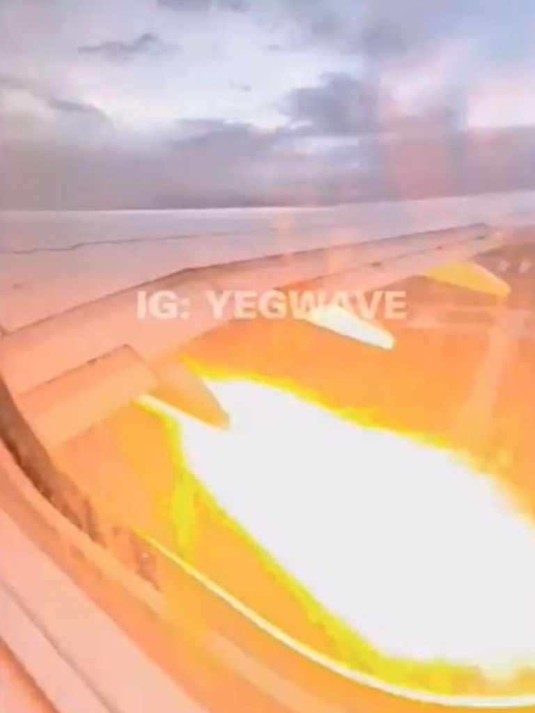 Passengers filmed the plane’s right wing as it erupted into flames due to a trapped rabbit being stuck in the engine. Picture: X