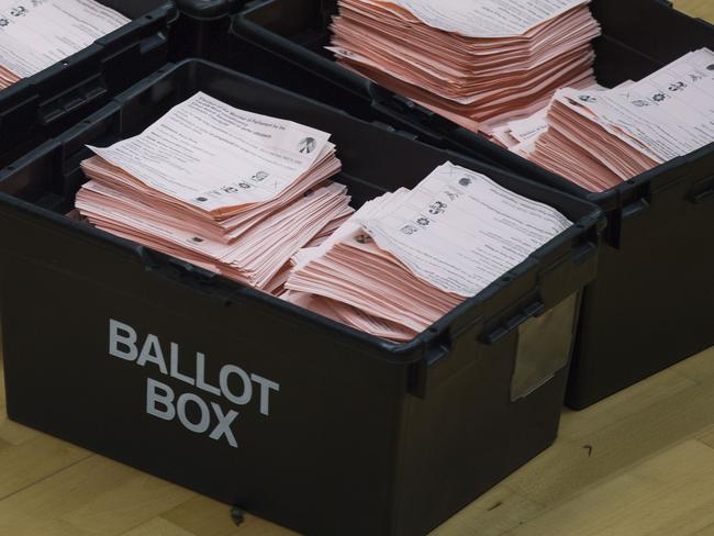 CARDIFF, UNITED KINGDOM - JUNE 09: Ballot boxes are seen at the Sport Wales National Centre on June 9, 2017 in Cardiff, United Kingdom. After a snap election was called, the United Kingdom went to the polls yesterday following a closely fought election. The results from across the country are being counted and an overall result is expected in the early hours. (Photo by Matthew Horwood/Getty Images)