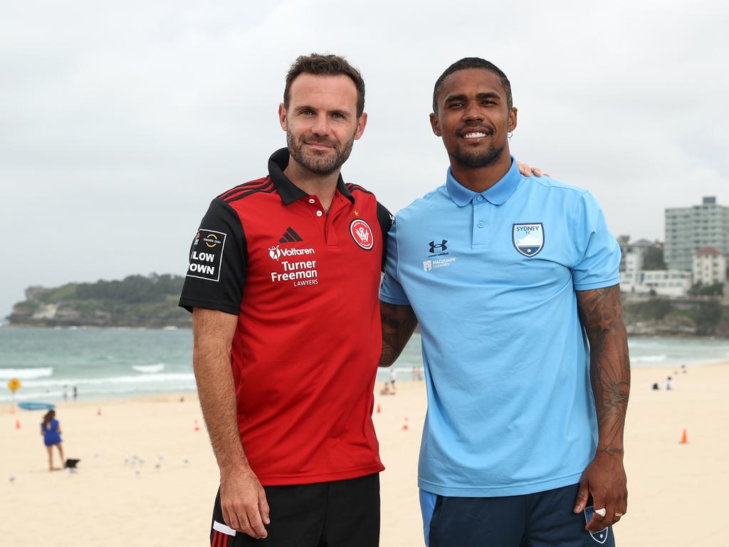 Wanderers marquee signing Juan Mata and Sydney FC’s Douglas Costa. Picture: Getty Images