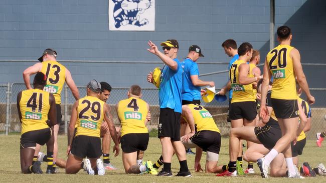 Damien Hardwick supervises Richmond training at Broadbeach Football Club on the Gold Coast on Friday. Picture: Michael Klein