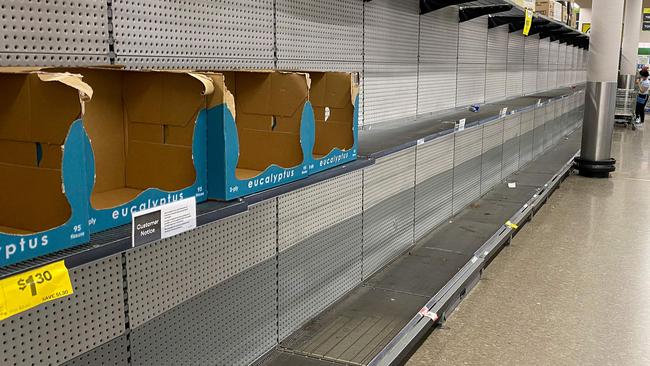 Empty toilet paper aisles have even struck AFL skippers, a few of whom flatly refuse to buy into panic-buying. Picture: AFP