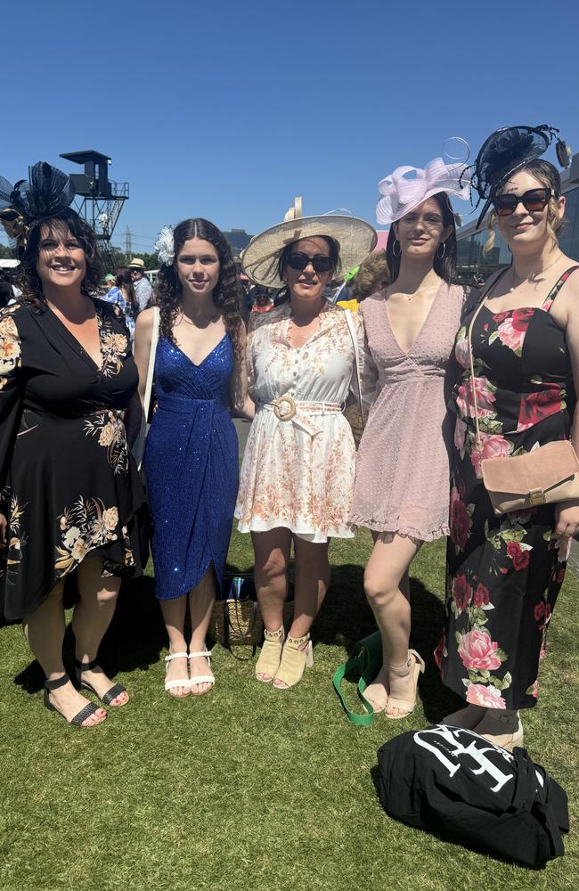 Narelle Hopkins, Abbey Hopkins, Dee Mangini, Ava Spark and Emma Spark at the Melbourne Cup at Flemington Racecourse on November 5, 2024. Picture: Phillippa Butt