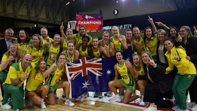 High performance boss Stacey West (back row, second from left), celebrating the World Cup win with the Diamonds last year, stepped in to act as CEO following the resignation of Ryan. Photo: Gallo Images