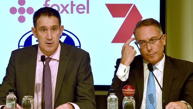 Cricket Australia chief executive James Sutherland (left) speaks at a press announcement with chief executive officer of Foxtel Patrick Delany in Sydney on Friday.