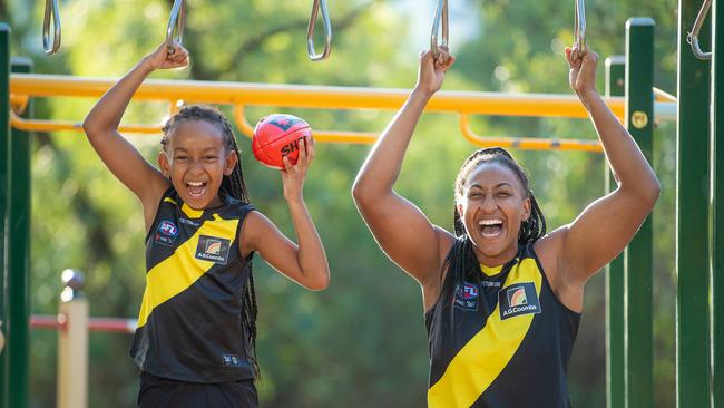 Sabrina Frederick with her mini-me little league legend Sunny. Picture: Jason Edwards