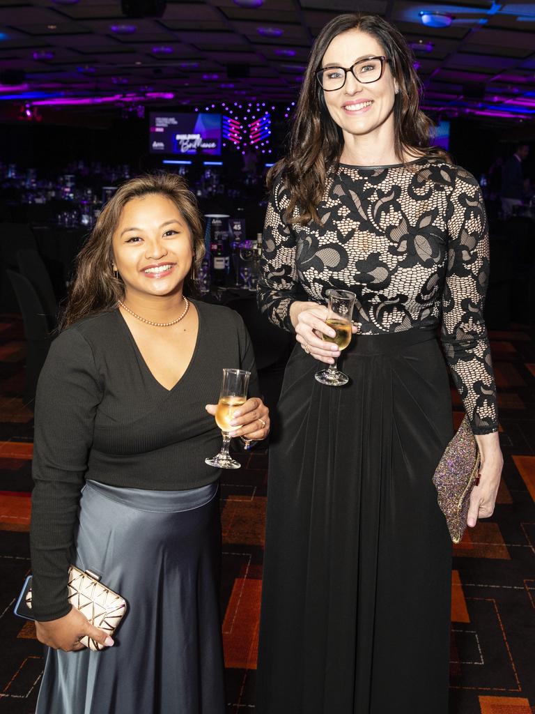 Agnes Derrick (left) and Jade Scheuerle at the Downs and Western Housing and Construction Awards 2022 at Rumours International, Friday, July 22, 2022. Picture: Kevin Farmer