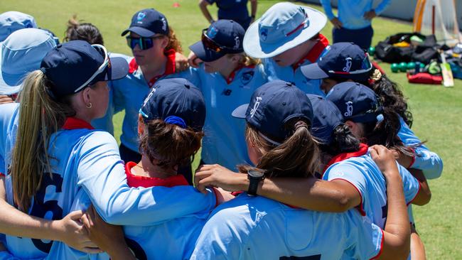 NSW Metro players gather before the final, Cricket Australia Under-19 National Female Cricket Championships in Perth, 12 December, 2022. Picture: Cricket Australia