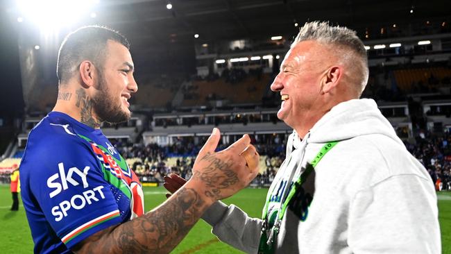 Addin Fonua-Blake celebrates a Warriors win with Mark Robinson. Picture: Getty Images