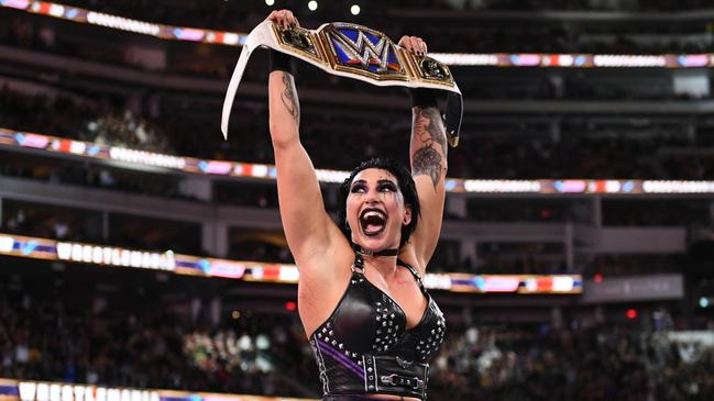 Adelaide’s Rhea Ripley (Demi Bennett) celebrates after a crowning achievement at Wrestlemania in LA last month. Picture: WWE