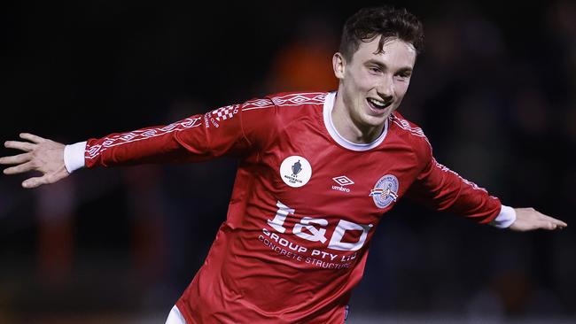 MELBOURNE, AUSTRALIA - AUGUST 29: Mitch Hore of the Knights celebrates soring a goal during the Australia Cup 2023 Round of 16 match between Melbourne Knights FC and Campbelltown City SC at Knights Stadium, on August 29, 2023 in Melbourne, Australia. (Photo by Daniel Pockett/Getty Images)