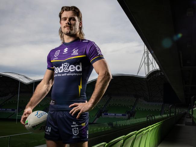 MELBOURNE, AUSTRALIA - SEPTEMBER 24: Ryan Papenhuyzen poses for a photo during a Melbourne Storm NRL media opportunity at AAMI Park on September 24, 2024 in Melbourne, Australia. (Photo by Darrian Traynor/Getty Images)