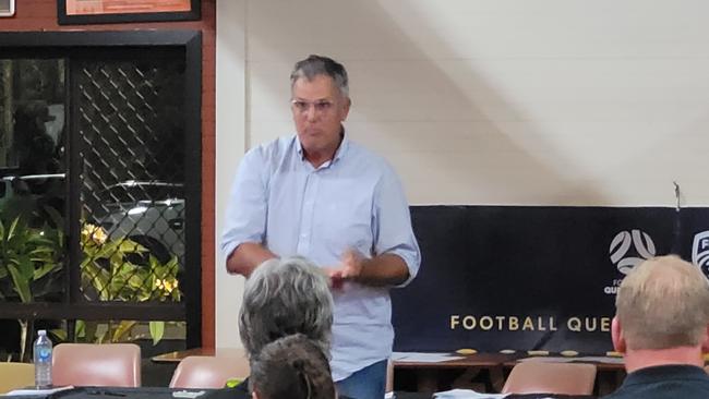 Sunshine Coast Wanderers president Glenn Duncan addresses the crowd after the AGM in 2021. Picture: Matty Holdsworth