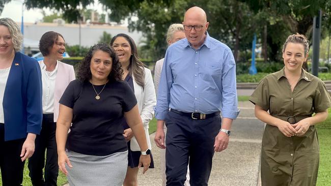 Darwin, NT, 16/2/25: Opposition Leader Peter Dutton meets with Palmerston Mayor Athina Pascoe-Bell. The coalition has committed $368,000 from a revitalised Safer Communities Fund to fast-track public lighting upgrades in Palmerston, saying every Australian deserved to feel safe. Picture: Fia Walsh.