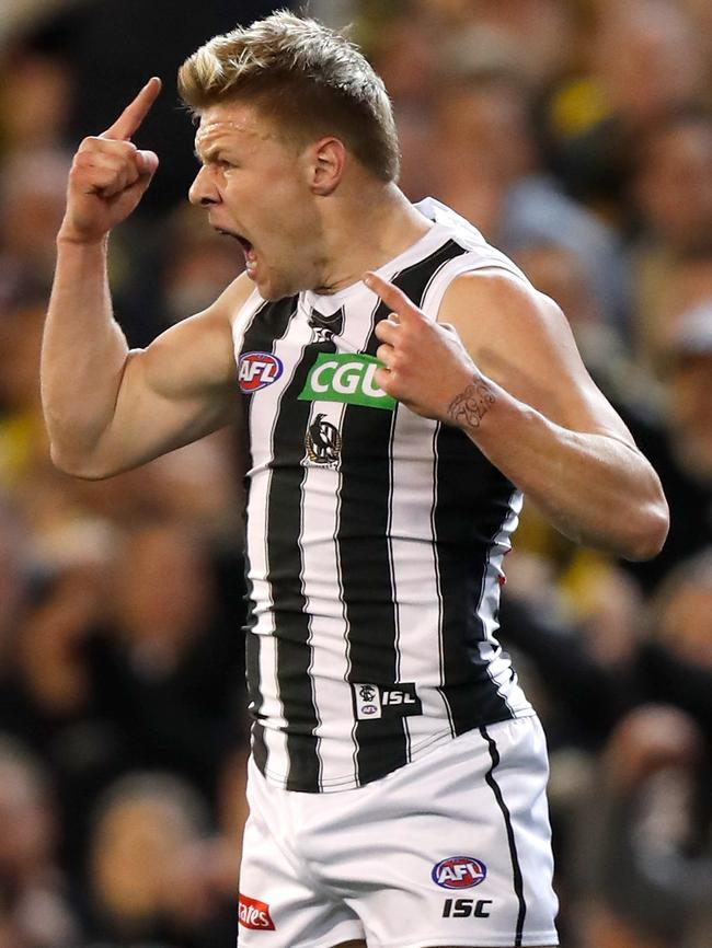 Jordan De Goey celebrates a goal in the preliminary final.