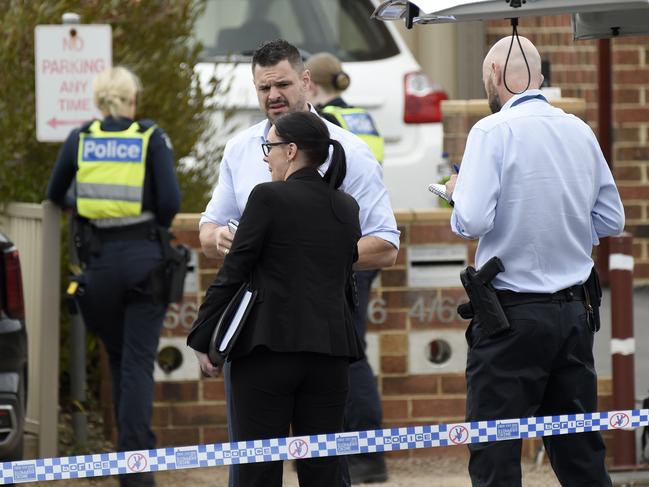 Police investigate the fatal stabbing on McBurnie Drive in Kurunjang. Picture: Andrew Henshaw