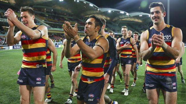 Adelaide celebrates victory in the Showdown. Picture: Sarah Reed.