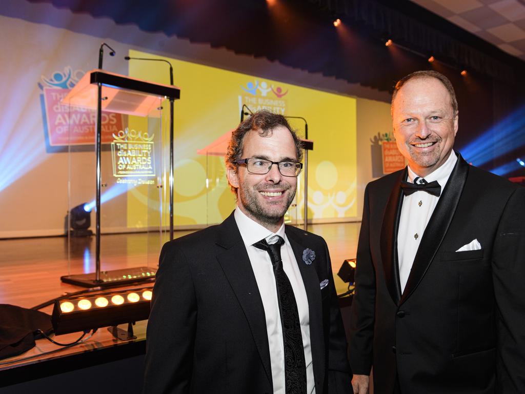 Paralympic gold medalist Matt Levy OAM (left) with Business disAbility Awards of Australia chair Greg Luck at Edmund Rice Cultural Centre, Saturday, May 17, 2025. Picture: Kevin Farmer