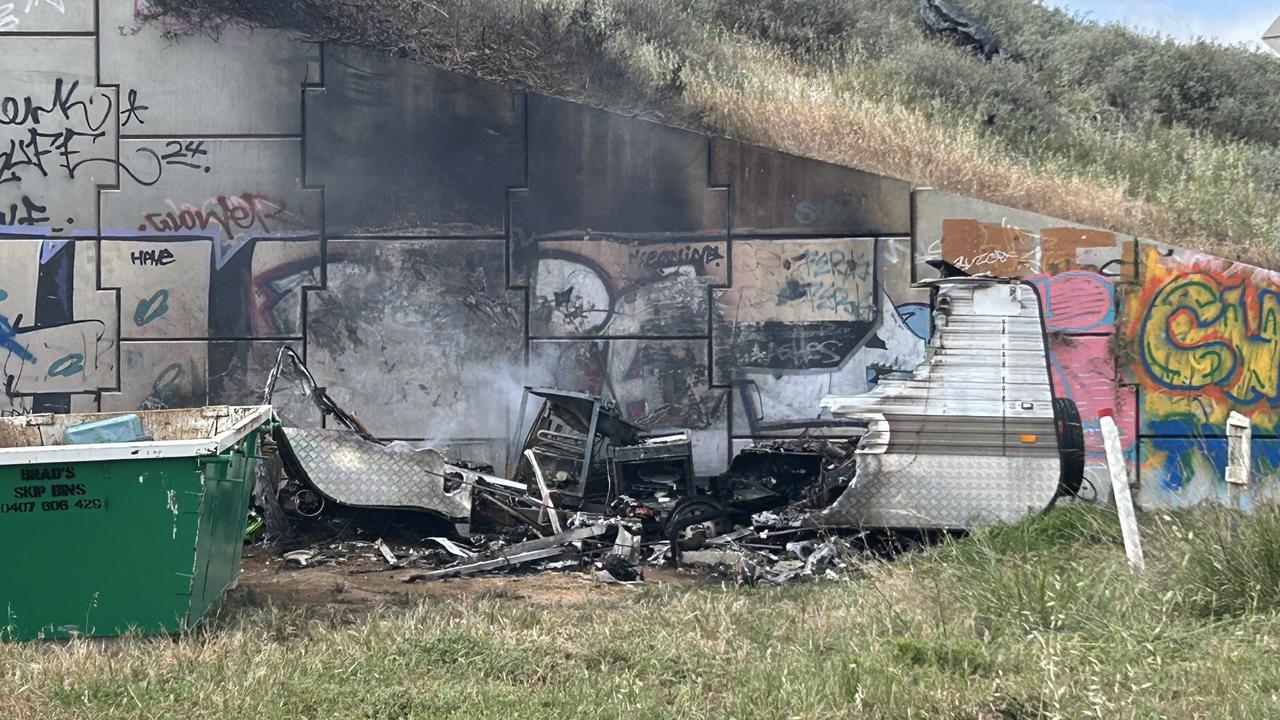 The remains of the caravan after it was set ablaze. Picture: Natalie Vikhrov