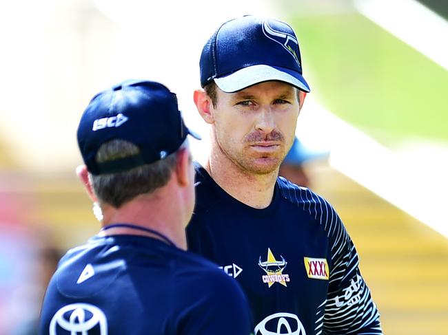 Michael Morgan speaks with Coach Paul Green. NRL; North Queensland Cowboys pre-season training at 1300 Smiles Stadium. Picture: Alix Sweeney