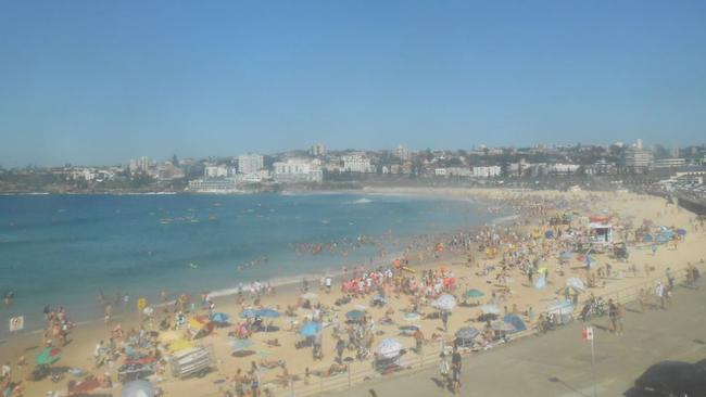 Bondi isn’t likely to be cooler than anywhere else in Sydney, but the beach was looking pretty crowded on North Bondi RSL’s beach cam at 10.30am. Picture: Supplied