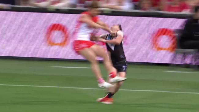 Dane Rampe collides with Zak Butters.