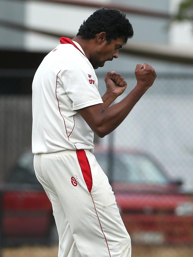 Chaminda Vidanapathirana is pumped after taking a wicket in Coburg’s second innings. Picture: Hamish Blair