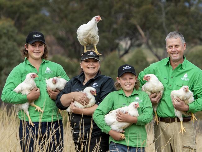 FARM: Yapunyah Meadows ChickensMandy and Ian McClaren run Yapunyah Meadow Grazed Chickens at Graytown. PICTURED: L-R 14yo Derby, Mandy, 11yo Bryce and Ian McClaren on their free range meat chicken farm at Graytown.PHOTOGRAPHER: ZOE PHILLIPS