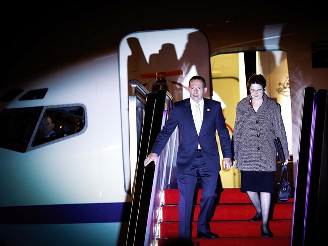 Australian Prime Minister Tony Abbott arrives in Beijing with the ambassador to China, Frances Adamson. Picture: Lintao Zhang/Getty Images