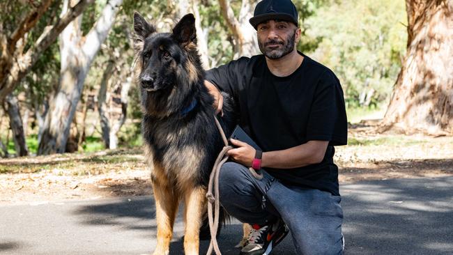 Knuckles the German shepherd with owner Wael, who helped to save the young girl. Picture: The Advertiser/Morgan Sette