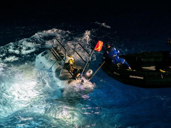 Images from the fourth of The Five Deeps dive to Challenger Deep in the Pacific Ocean. The Limiting Factor being recovered after it's first dive to the deepest point of the Challenger Deep.  Picture: Discovery Channel/Deep Planet