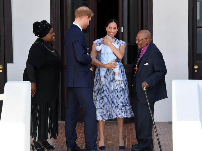 The Duke of Sussex, Duchess of Sussex and their baby son Archie Mountbatten-Windsor meet Archbishop Desmond Tutu and his daughter Thandeka Tutu-Gxashe at the Desmond &amp; Leah Tutu Legacy Foundation. Picture: Toby Melville — Pool/Getty Images