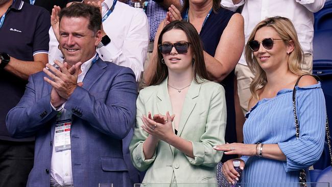 Karl Stefanovic and wife Jasmine at the second round match between Ash Barty of Australia and Polona Hercog of Slovenia in the 2020 Australian Open.