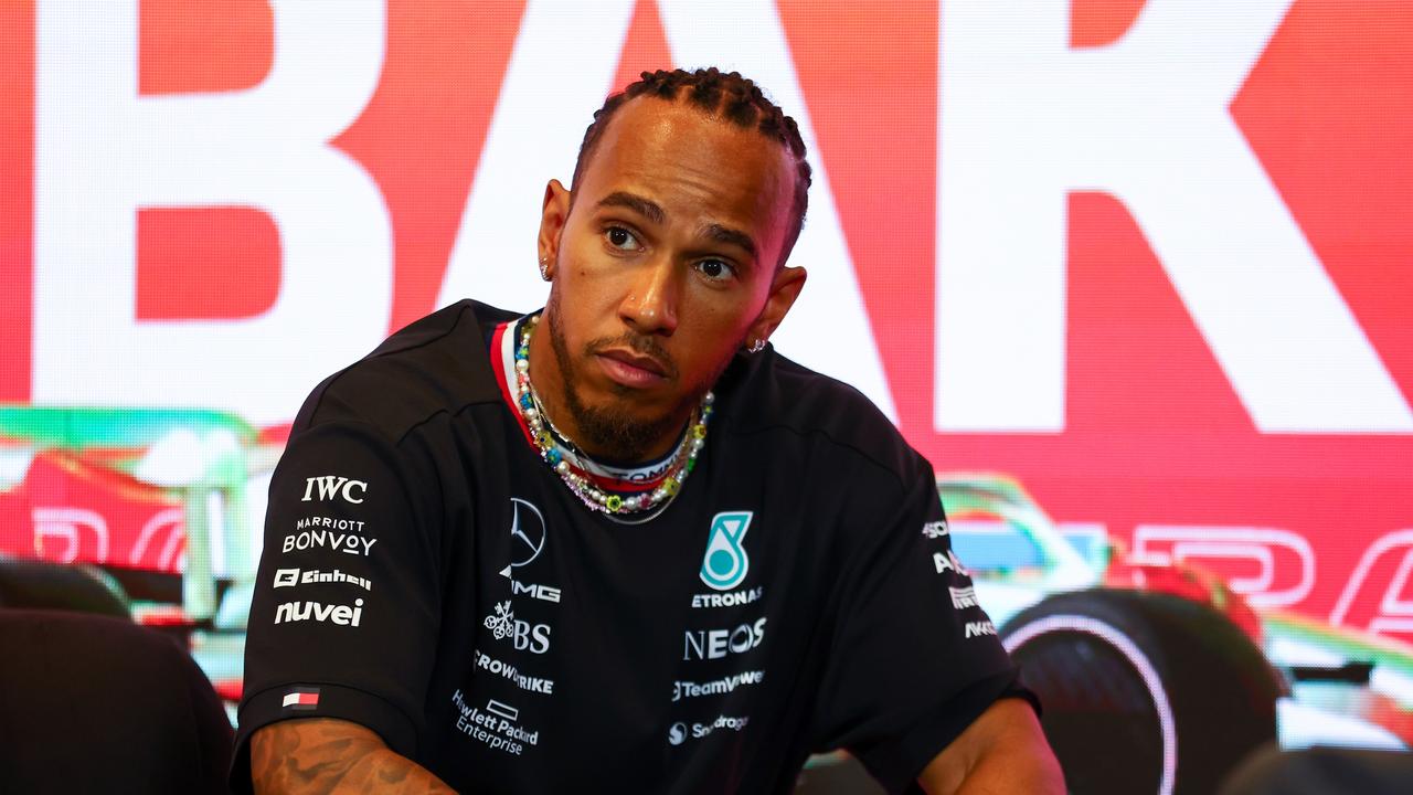 BAKU, AZERBAIJAN - APRIL 27: Lewis Hamilton of Great Britain and Mercedes talks in a press conference during previews ahead of the F1 Grand Prix of Azerbaijan at Baku City Circuit on April 27, 2023 in Baku, Azerbaijan. (Photo by Bryn Lennon/Getty Images)