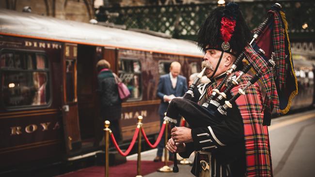 Guests are piped aboard the Royal Scotsman at Edinburgh's Waverley Station.