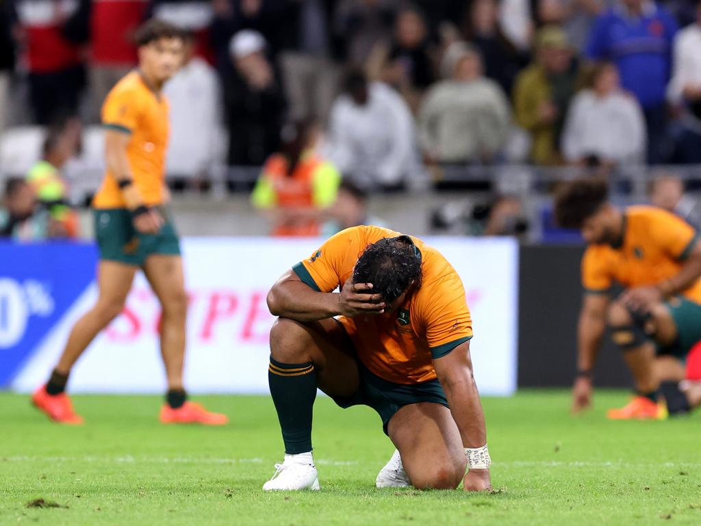 LYON, FRANCE – SEPTEMBER 24: Pone FaÃ¢â&#130;¬â&#132;¢amausili of Australia reacts following the Rugby World Cup France 2023 match between Wales and Australia at Parc Olympique on September 24, 2023 in Lyon, France. (Photo by Alex Livesey/Getty Images)