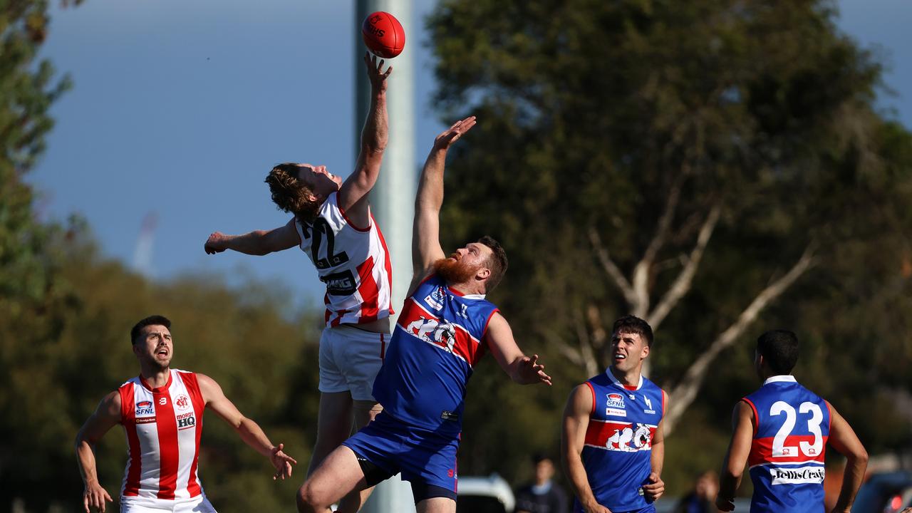 Jai Hale rucks for Mordialloc against St Paul’s in 2023. Picture: Hamish Blair