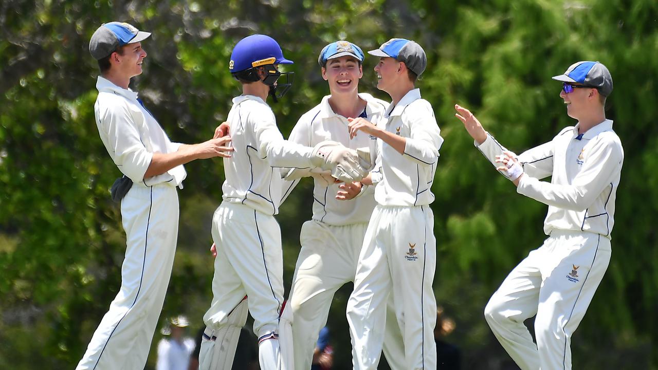 Churchie celebrate a wicket GPS First XI cricket between Churchie and Brisbane State High Saturday January 28, 2023. Picture, John Gass