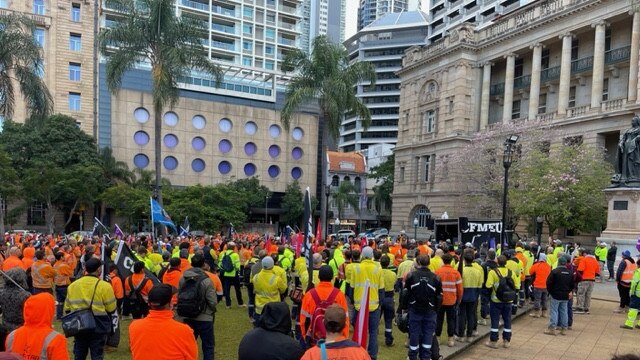 CFMEU members rally after a man was injured working on Brisbane's Cross River Rail project. Picture: Steve Pohlner