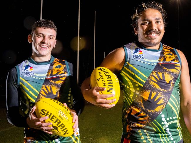 Salisbury North Football Club A Grade players Brodie Wagner, 20, and Malachi Ah Matt-Lovett, 23, wearing their indigenous round guernseys on the club oval in Salisbury North/ Kaurna Yarta on Thursday, May 25, 2023. (The Advertiser/ Morgan Sette)