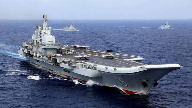 Chinese aircraft carrier Liaoning takes part in a military drill in the western Pacific Ocean. Picture: Supplied