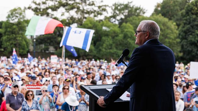 Former prime minister Scott Morrison at a rally against anti-semitism in The Domain on Sunday. Picture: NCA NewsWire / David Swift